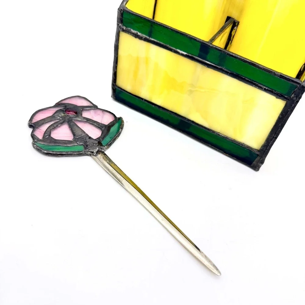 Vintage Stained Slag Glass‎ Letter Holder Mail Organizer Flower Opener Yellow